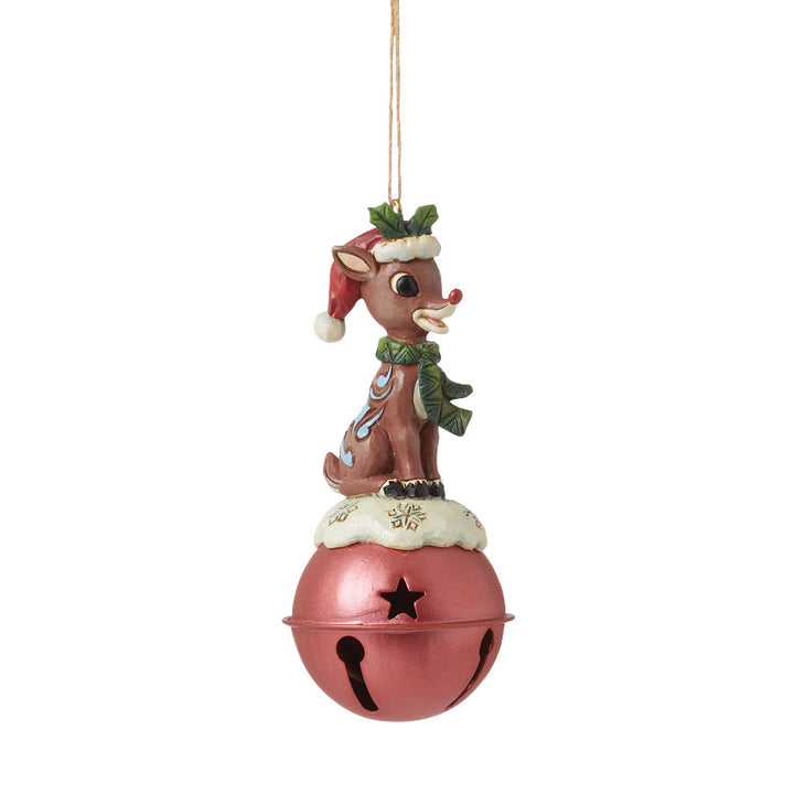Jim Shore Rudolph Traditions: Rudolph Standing On Large Bell Ornament sparkle-castle