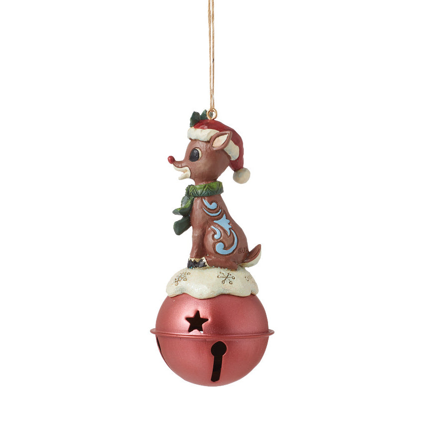 Jim Shore Rudolph Traditions: Rudolph Standing On Large Bell Ornament sparkle-castle