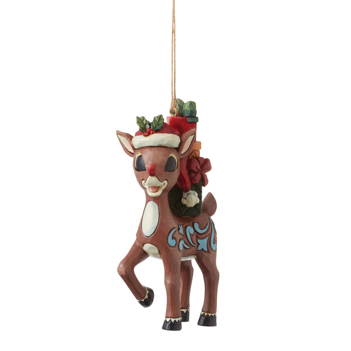 Jim Shore Rudolph Traditions: Rudolph With Stacked Presents On His Back Hanging Ornament sparkle-castle