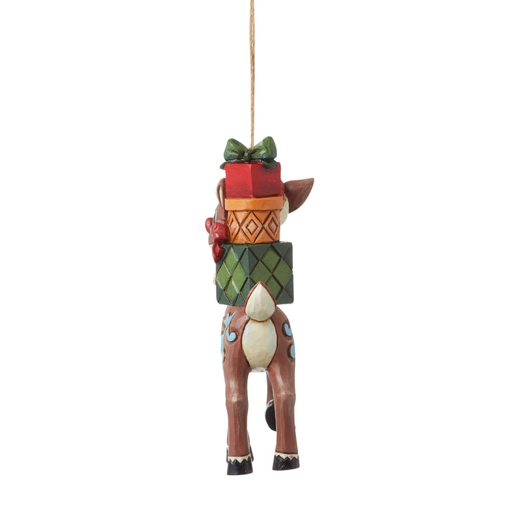 Jim Shore Rudolph Traditions: Rudolph With Stacked Presents On His Back Hanging Ornament sparkle-castle