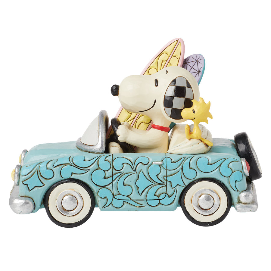 Jim Shore Peanuts: Snoopy & Woodstock In Car With Surfboards Figurine sparkle-castle