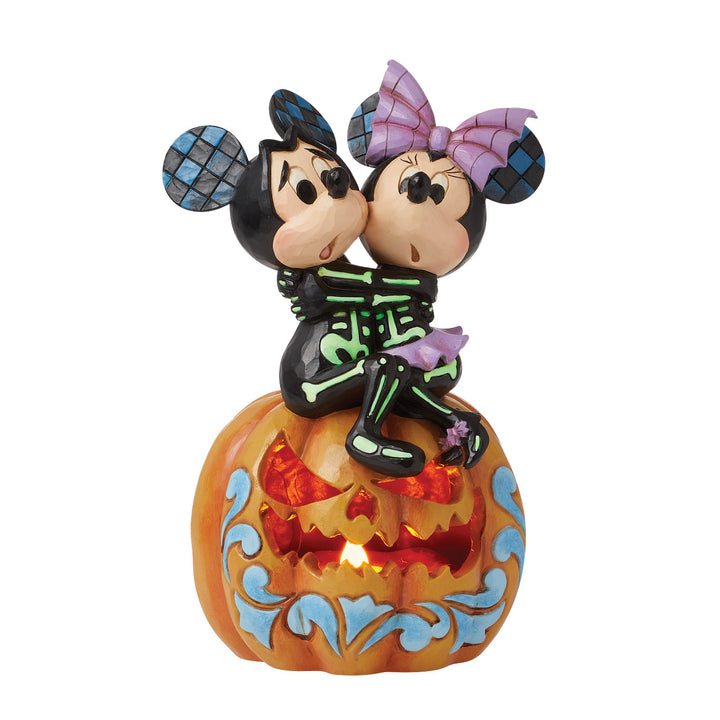 Jim Shore Disney Traditions: Skeletons Mickey & Minnie on Lit Jack-o-Lantern Figurine sparkle-castle