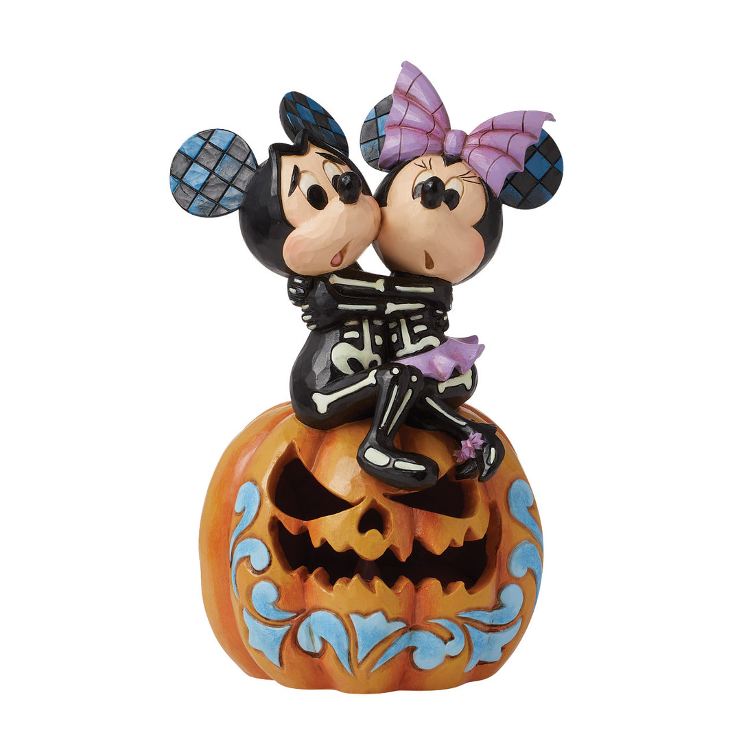 Jim Shore Disney Traditions: Skeletons Mickey & Minnie on Lit Jack-o-Lantern Figurine sparkle-castle