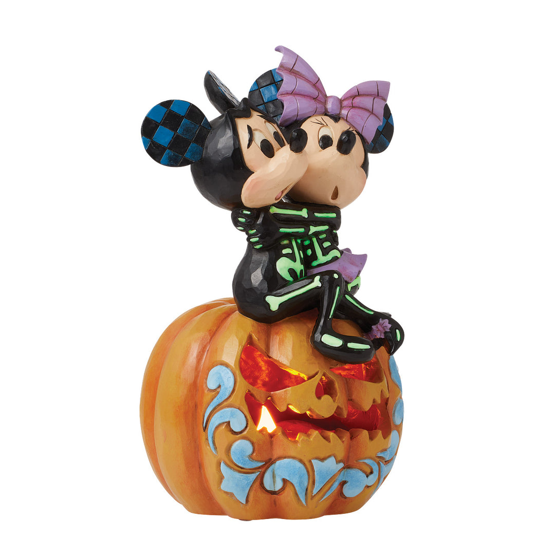 Jim Shore Disney Traditions: Skeletons Mickey & Minnie on Lit Jack-o-Lantern Figurine sparkle-castle