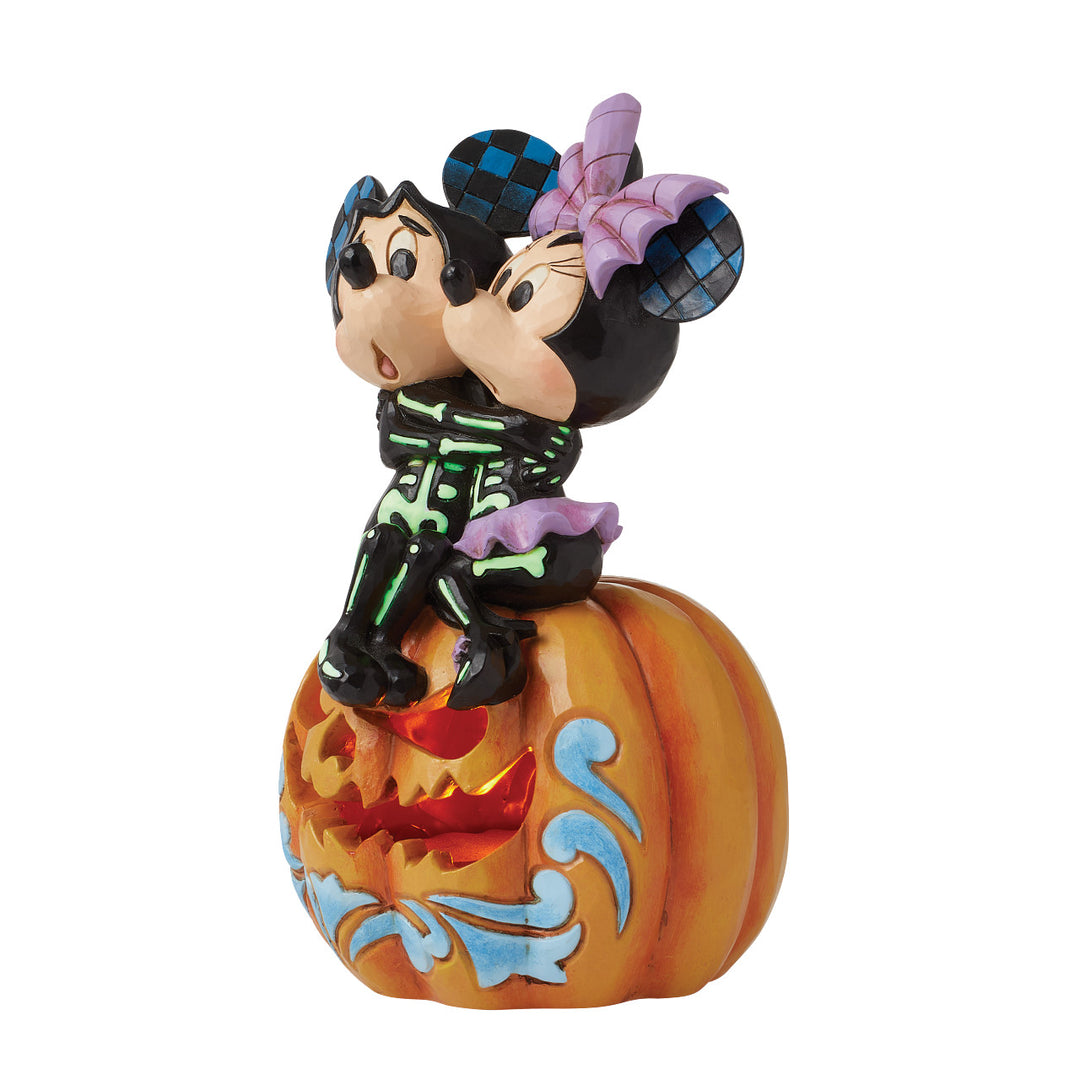 Jim Shore Disney Traditions: Skeletons Mickey & Minnie on Lit Jack-o-Lantern Figurine sparkle-castle