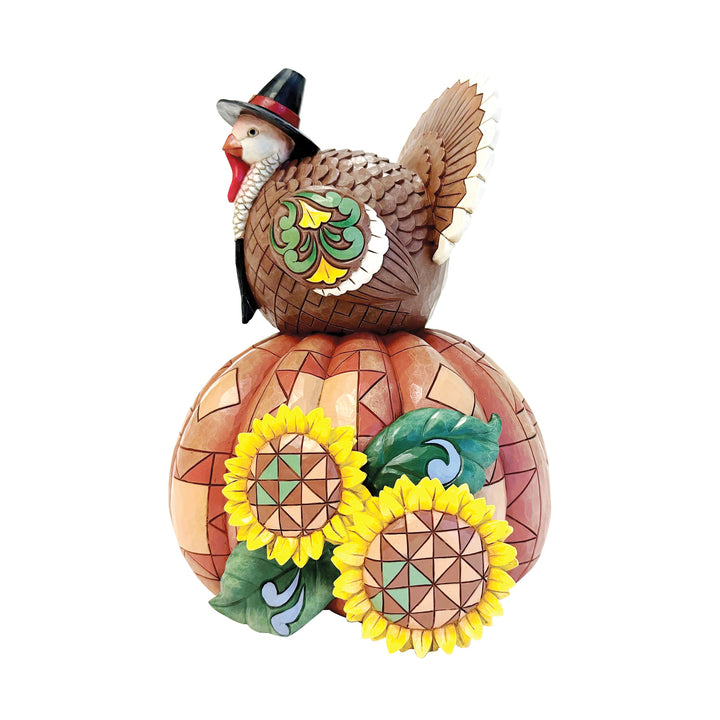 Jim Shore Heartwood Creek: Turkey On Pumpkin and Sunflowers Figurine sparkle-castle