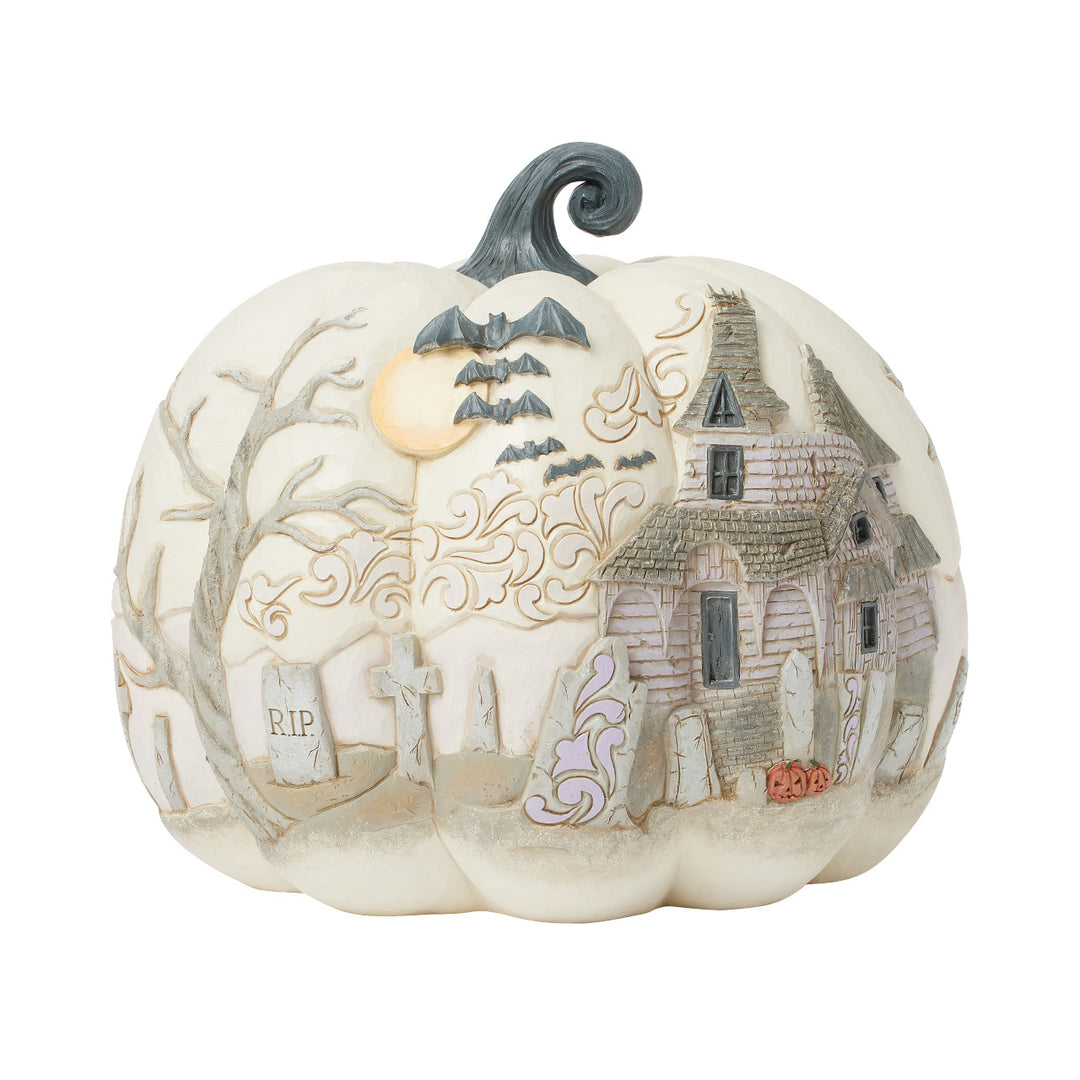 Jim Shore Heartwood Creek: White Pumpkin With Halloween Scene Figurine sparkle-castle