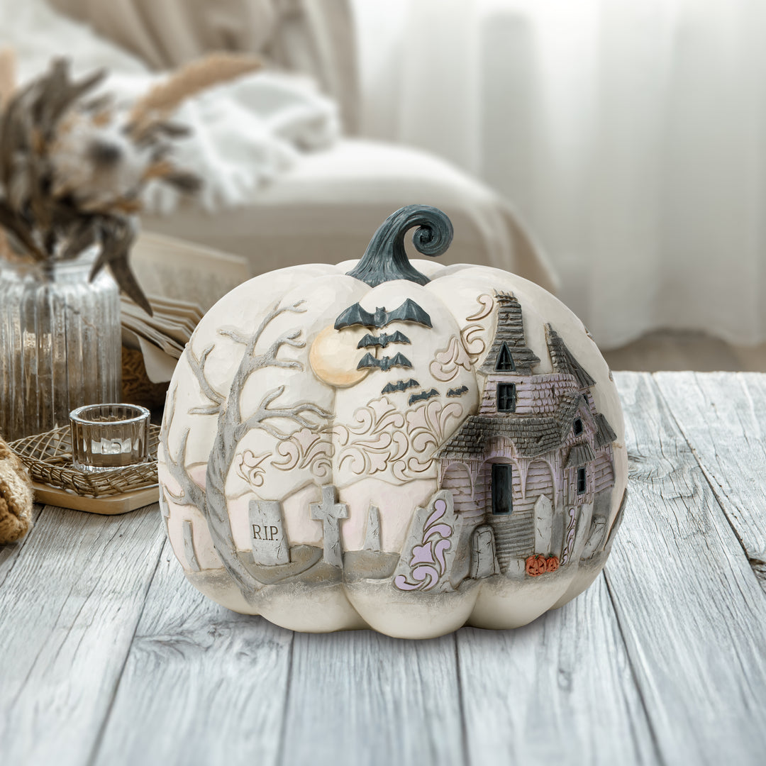 Jim Shore Heartwood Creek: White Pumpkin With Halloween Scene Figurine