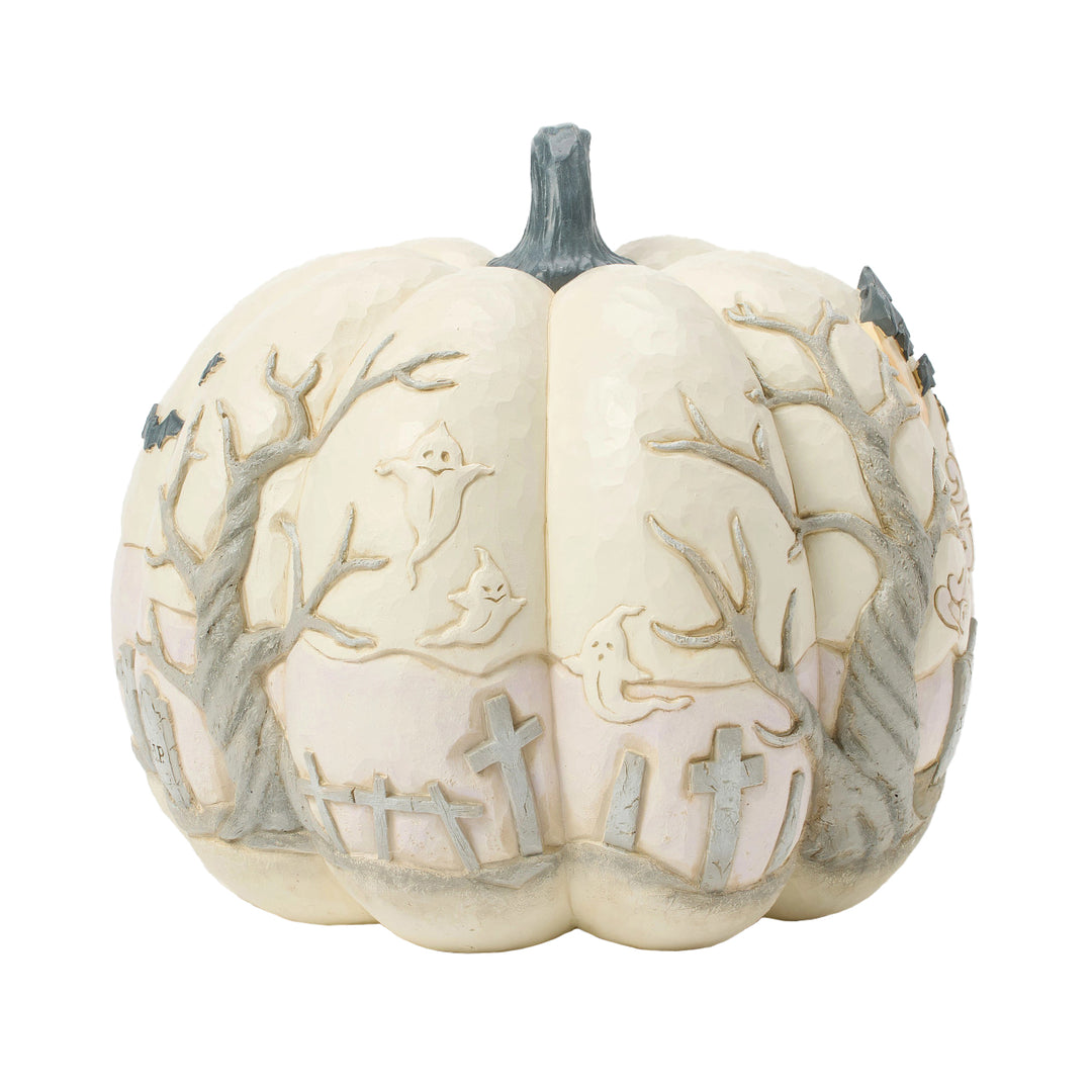 Jim Shore Heartwood Creek: White Pumpkin With Halloween Scene Figurine sparkle-castle