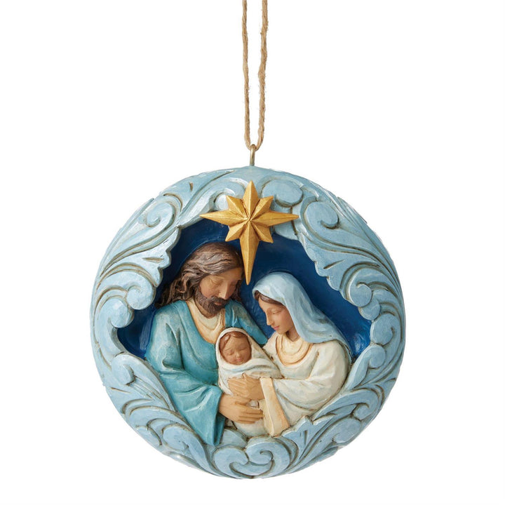 Jim Shore Heartwood Creek: Blue & Gold Holy Family Hanging Ornament sparkle-castle