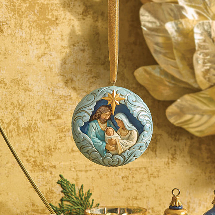 Jim Shore Heartwood Creek: Blue & Gold Holy Family Hanging Ornament sparkle-castle