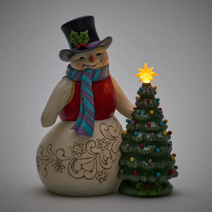 Jim Shore Heartwood Creek: Snowman With Vintage LED Tree Figurine sparkle-castle