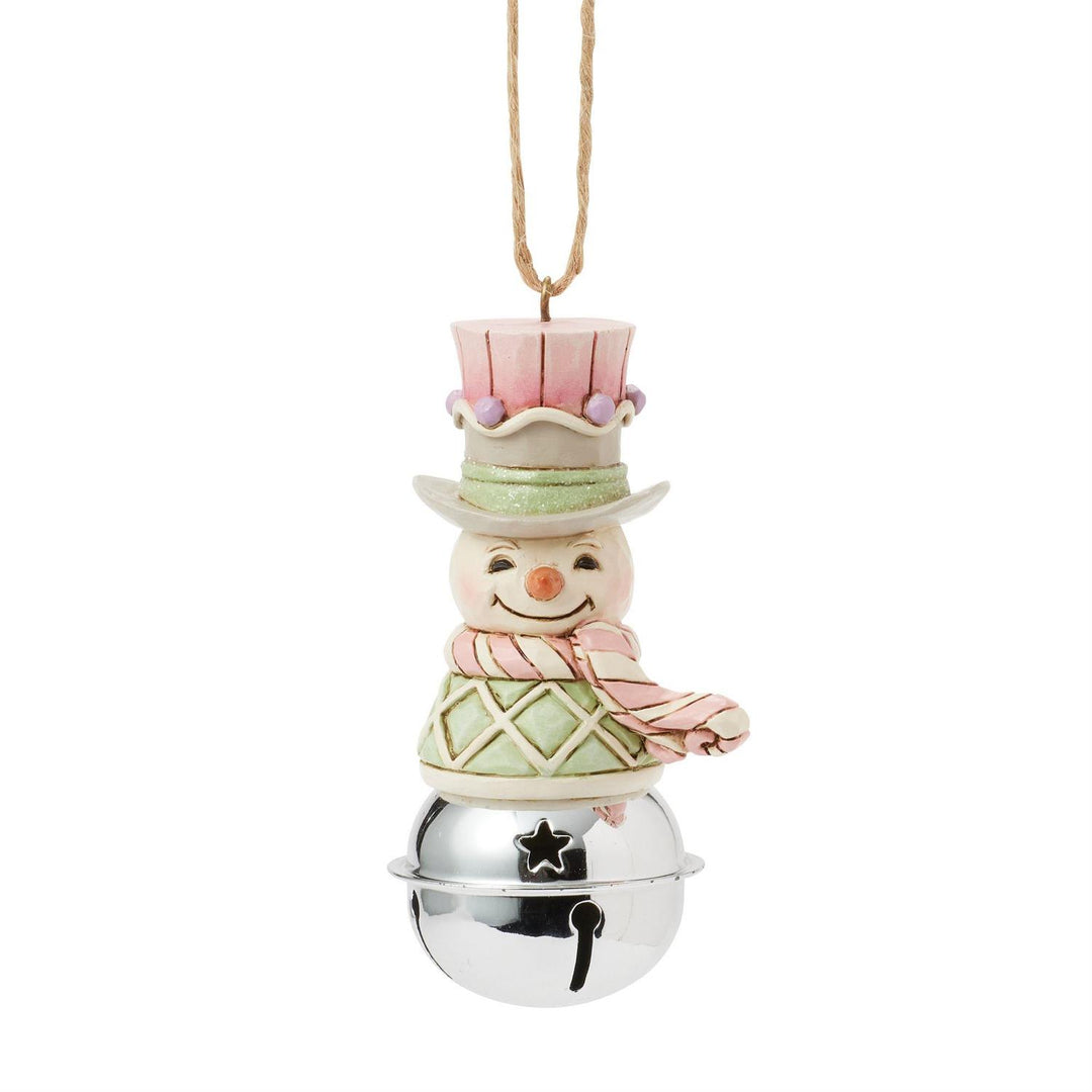 Jim Shore Heartwood Sweets: Snowman on Jingle Bell Hanging Ornament sparkle-castle