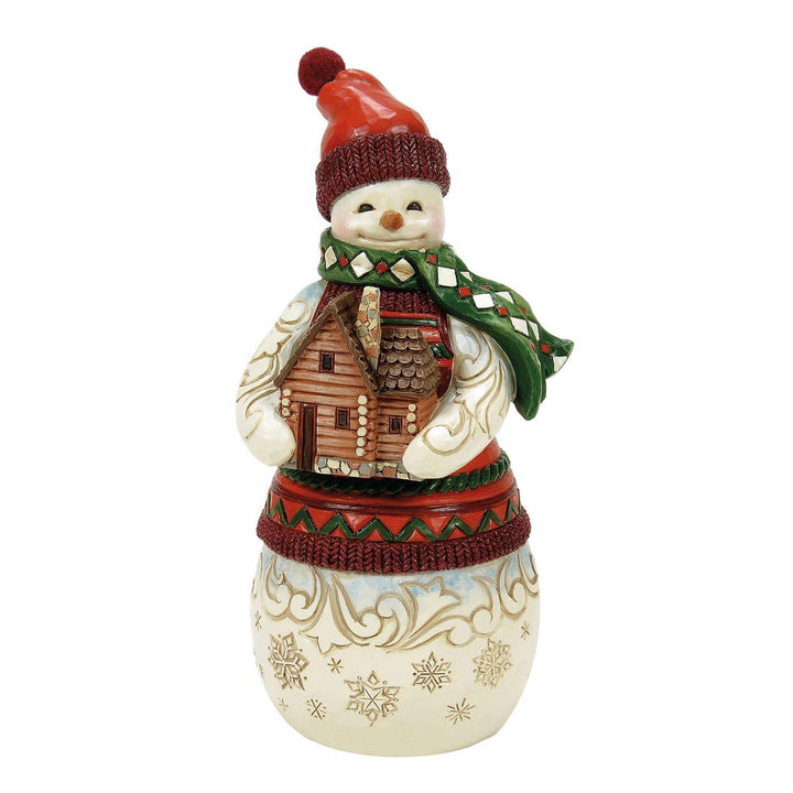 Jim Shore Heartwood Creek: Christmas at the Lodge Snowman Holding Log Cabin Figurine sparkle-castle