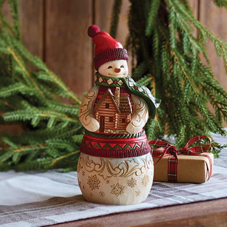 Jim Shore Heartwood Creek: Christmas at the Lodge Snowman Holding Log Cabin Figurine sparkle-castle