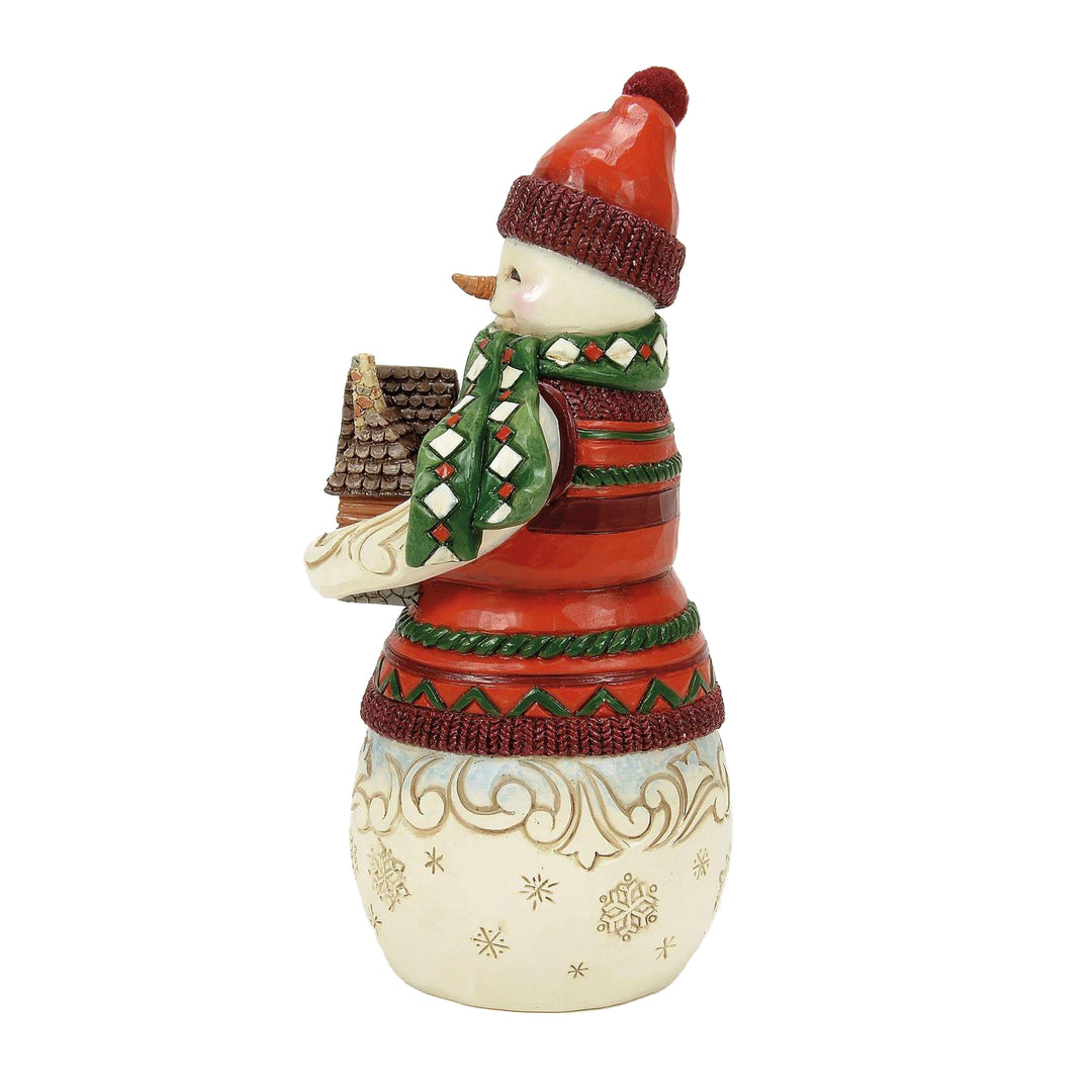 Jim Shore Heartwood Creek: Christmas at the Lodge Snowman Holding Log Cabin Figurine sparkle-castle