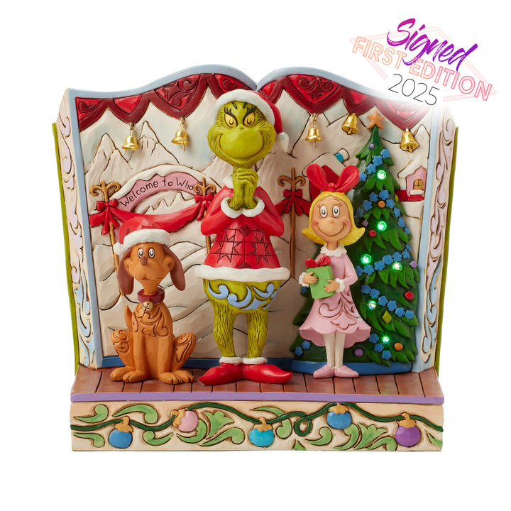 FIRST EDITION - Jim Shore The Grinch: Grinch with Max and Cindy Lou Storybook Figurine sparkle-castle