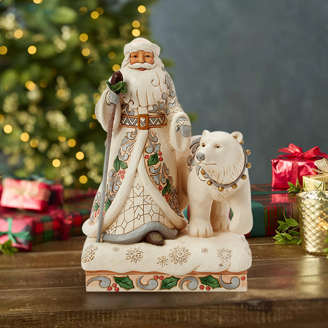 Jim Shore Heartwood Creek: White Woodland Santa with Polar Bear Figurine sparkle-castle