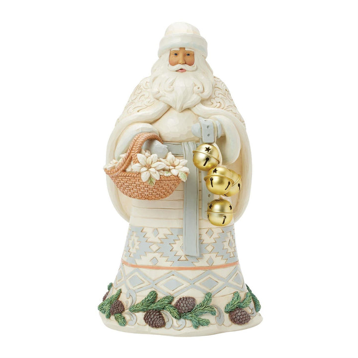 Jim Shore Heartwood Creek: White Woodland Santa With Basket and Bells Figurine sparkle-castle