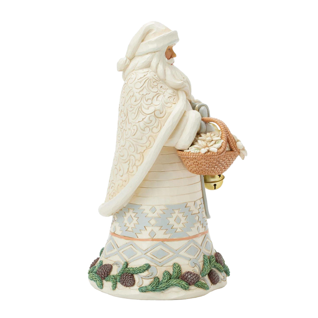 Jim Shore Heartwood Creek: White Woodland Santa With Basket and Bells Figurine sparkle-castle