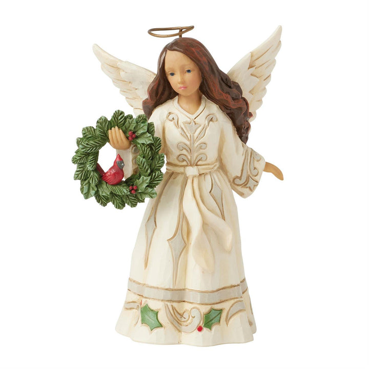 Jim Shore Heartwood Creek: White Woodland Angel with Cardinal In Wreath Figurine sparkle-castle