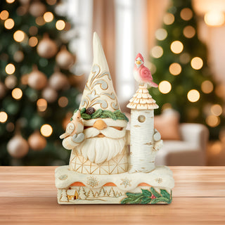 Jim Shore Heartwood Creek: White Woodland Gnome with Birdhouse Figurine sparkle-castle