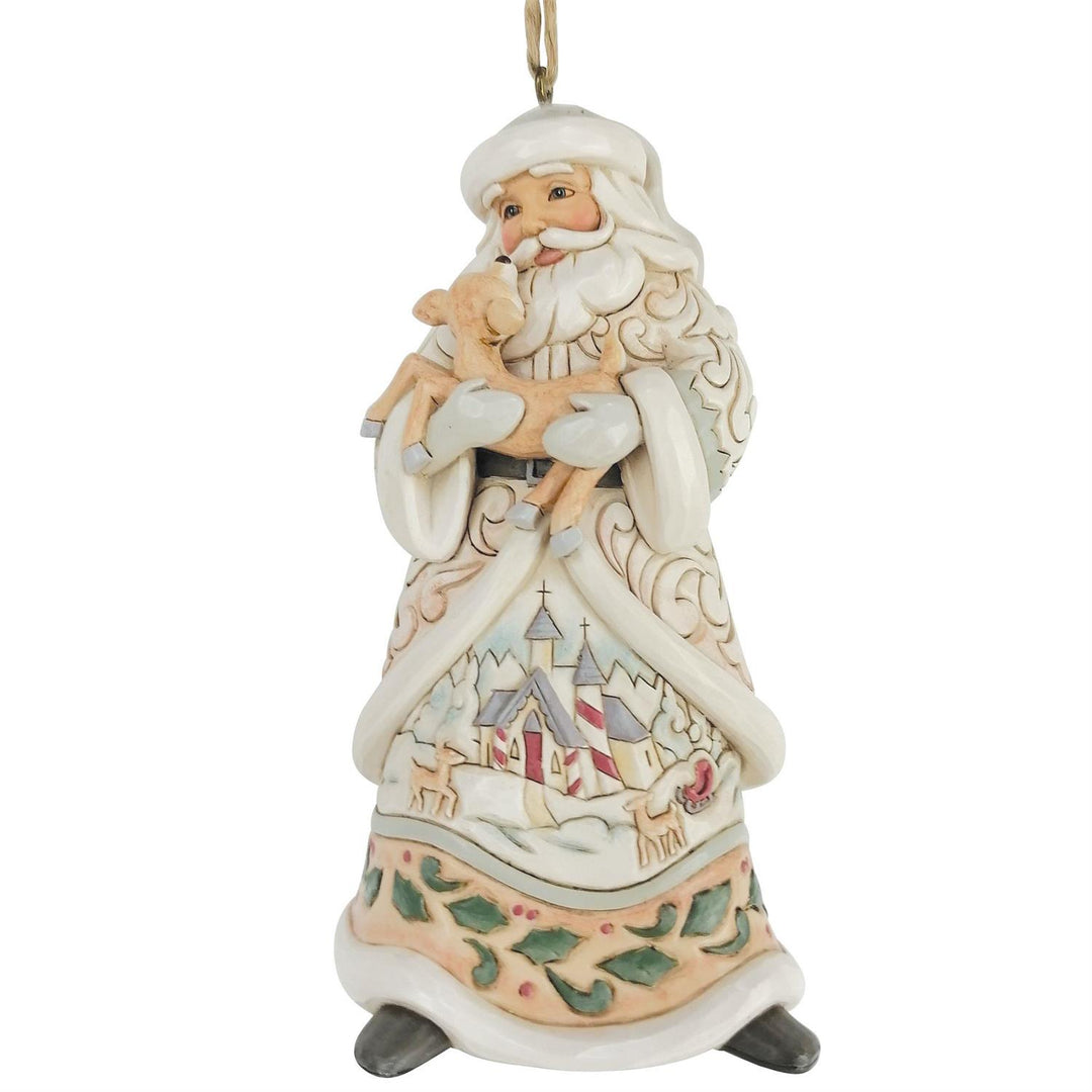 Jim Shore Heartwood Creek: White Woodland Santa Holding Fawn Hanging Ornament sparkle-castle