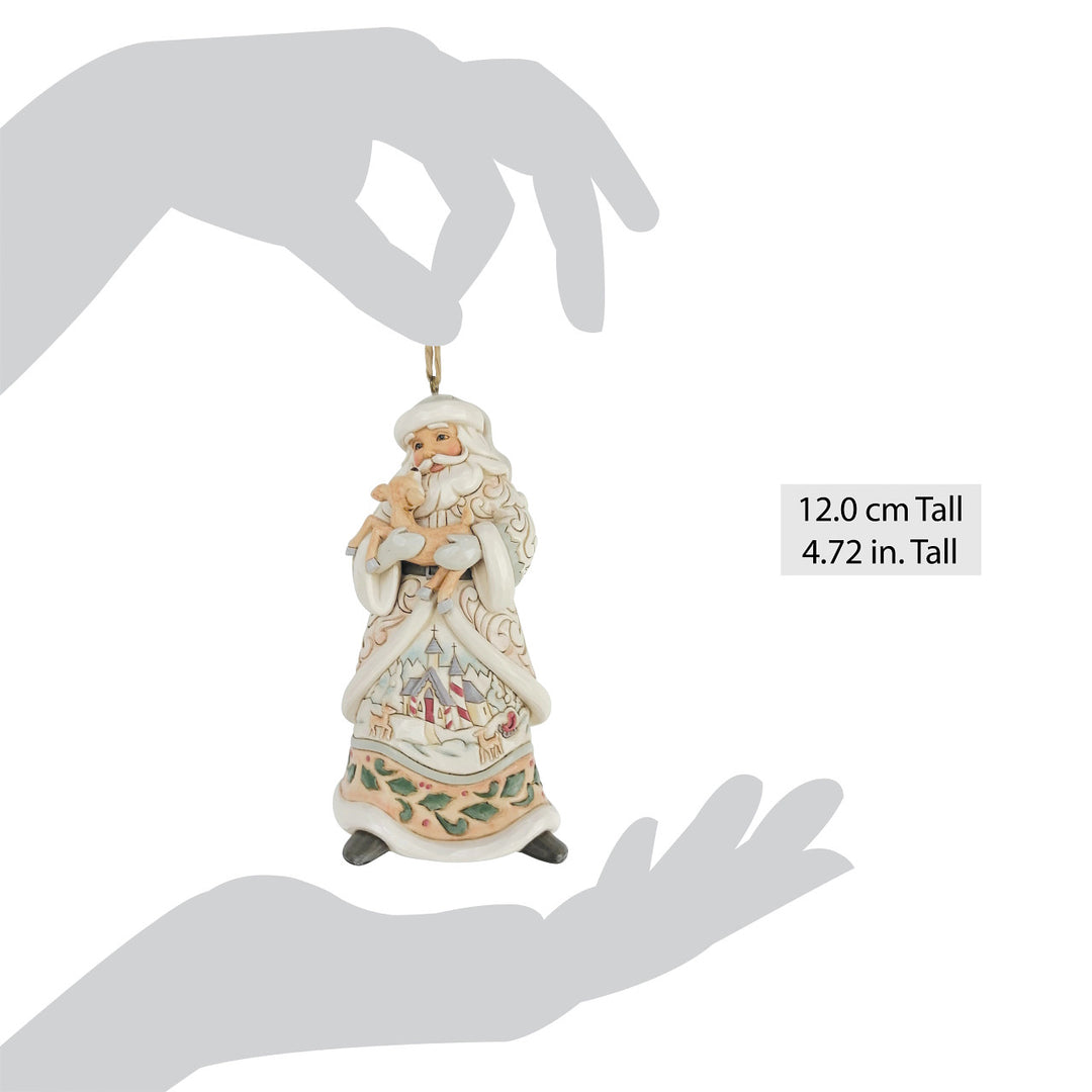 Jim Shore Heartwood Creek: White Woodland Santa Holding Fawn Hanging Ornament sparkle-castle