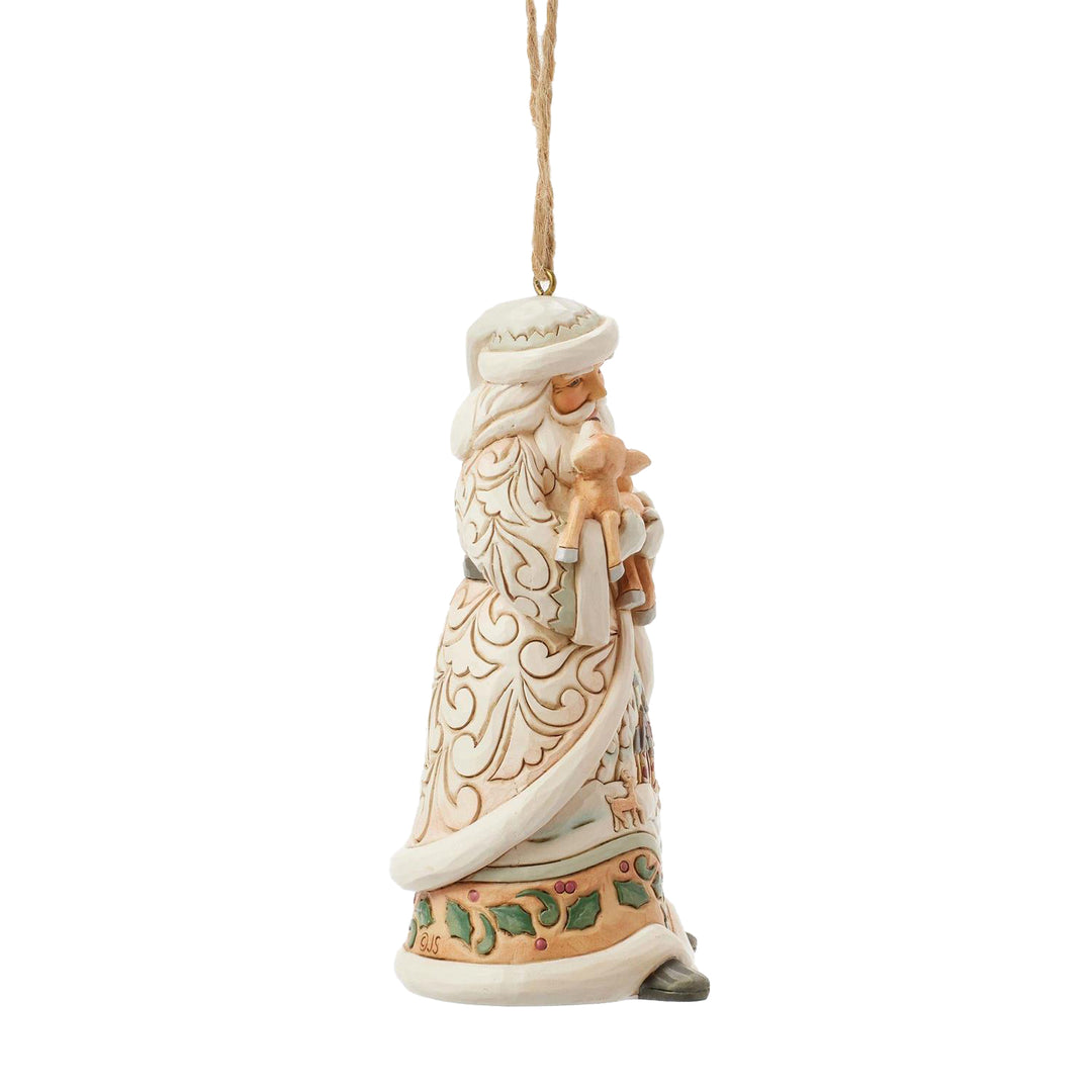 Jim Shore Heartwood Creek: White Woodland Santa Holding Fawn Hanging Ornament sparkle-castle