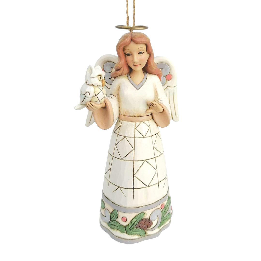 Jim Shore Heartwood Creek: White Woodland Angel Holding Owl Hanging Ornament sparkle-castle