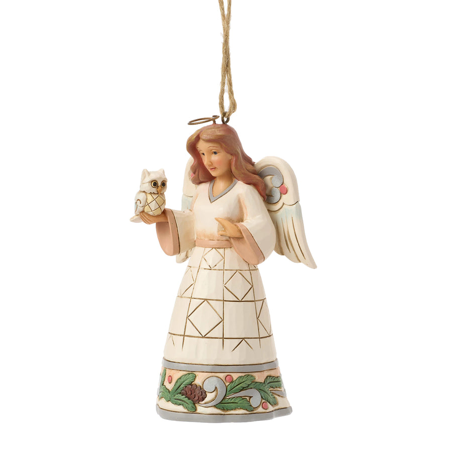 Jim Shore Heartwood Creek: White Woodland Angel Holding Owl Hanging Ornament sparkle-castle