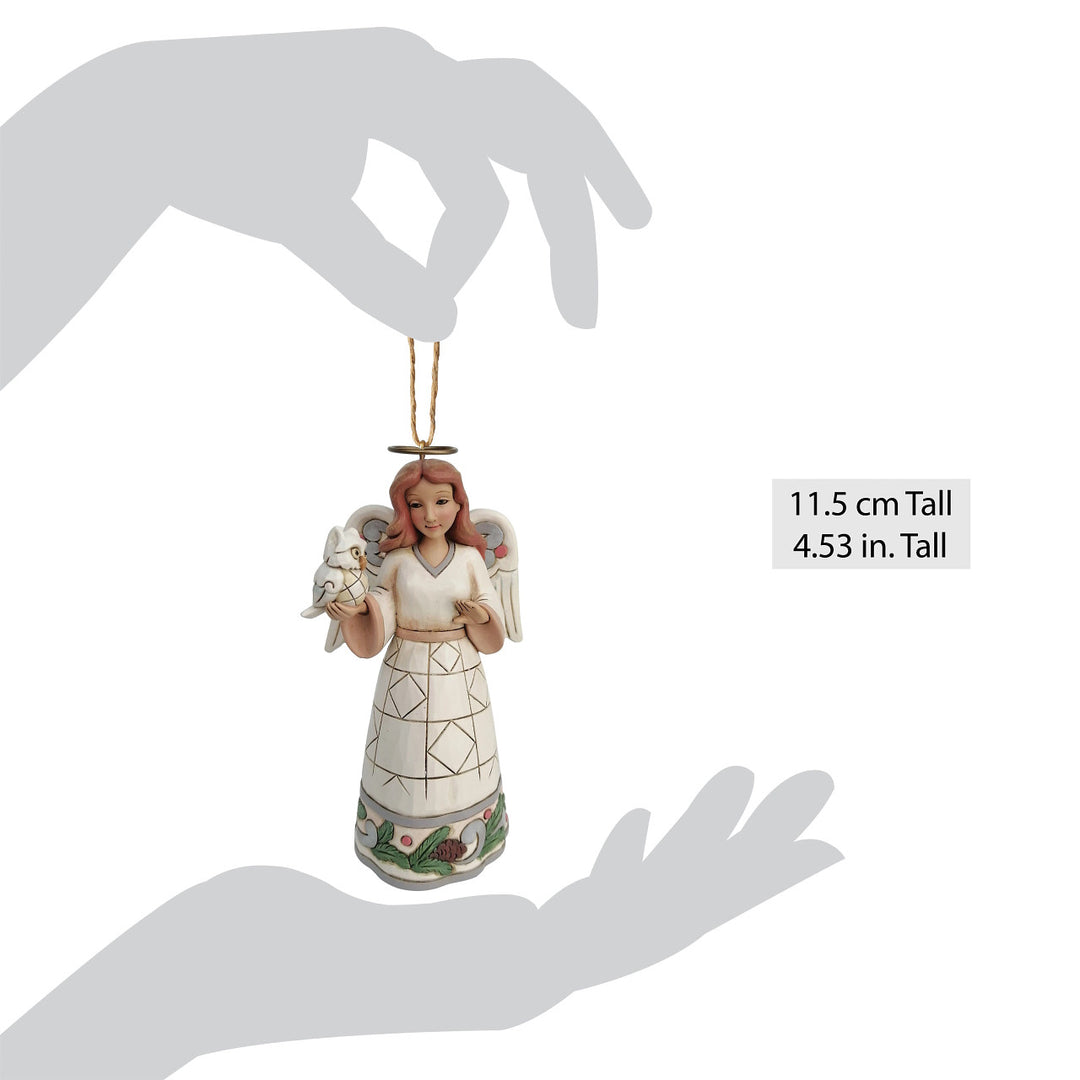 Jim Shore Heartwood Creek: White Woodland Angel Holding Owl Hanging Ornament sparkle-castle