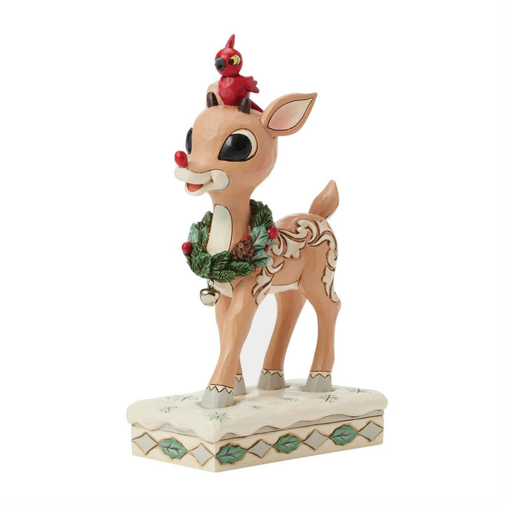 Jim Shore Rudolph Traditions: White Woodland Rudolph with Red Bird Figurine sparkle-castle