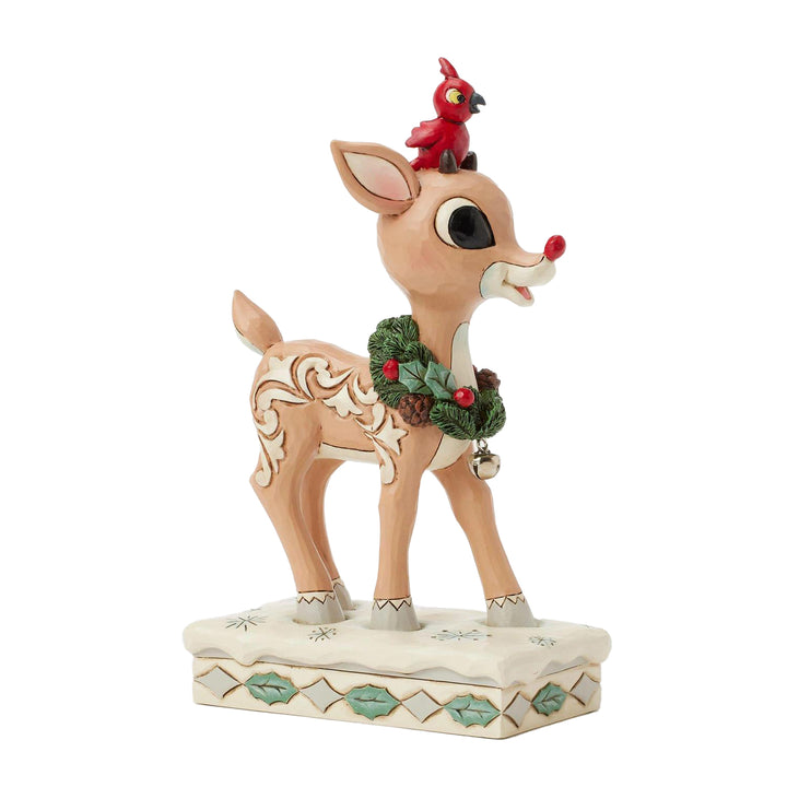 Jim Shore Rudolph Traditions: White Woodland Rudolph with Red Bird Figurine sparkle-castle