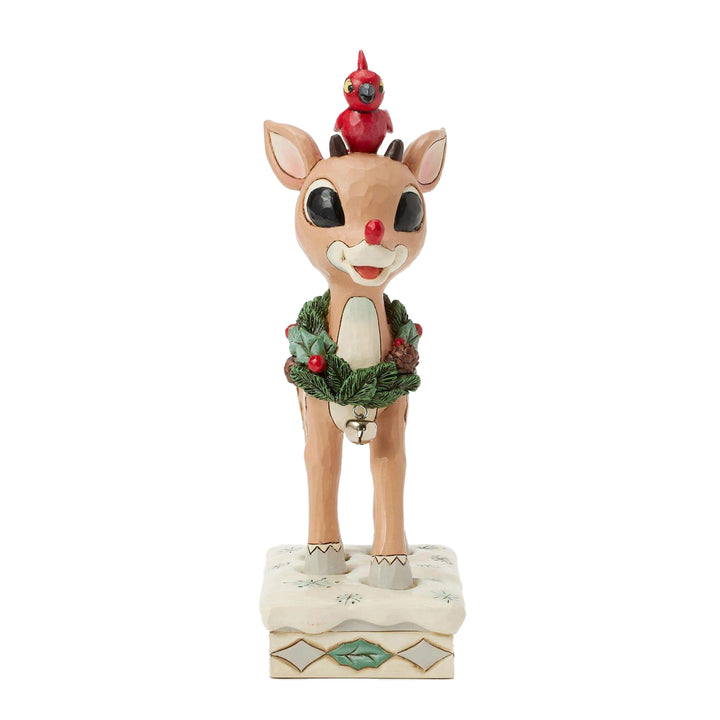 Jim Shore Rudolph Traditions: White Woodland Rudolph with Red Bird Figurine sparkle-castle