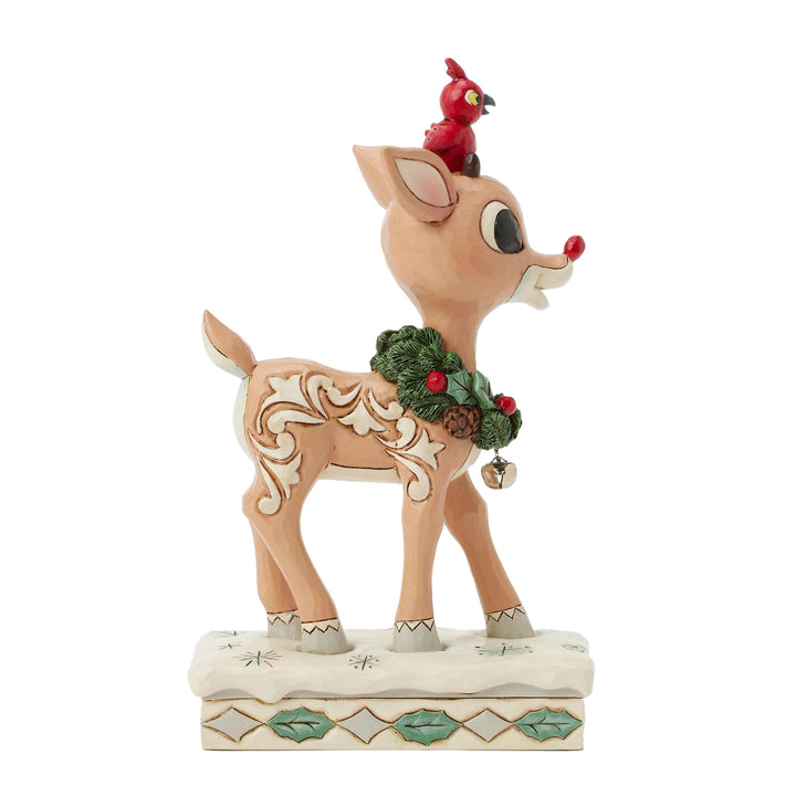 Jim Shore Rudolph Traditions: White Woodland Rudolph with Red Bird Figurine sparkle-castle