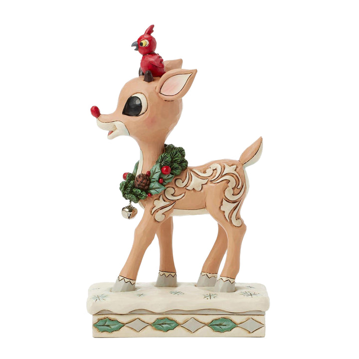 Jim Shore Rudolph Traditions: White Woodland Rudolph with Red Bird Figurine sparkle-castle