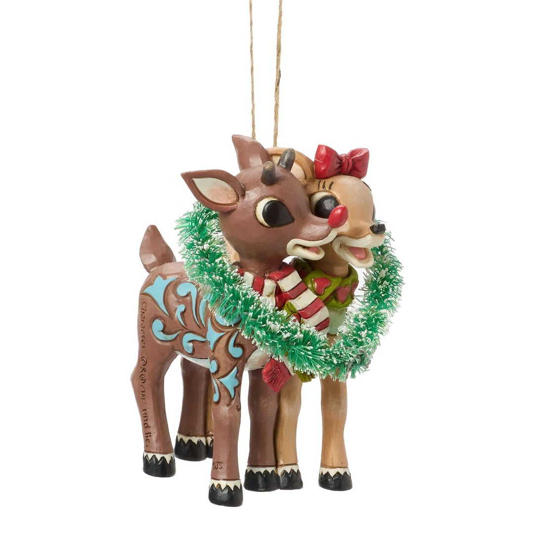 Jim Shore Rudolph Traditions: Rudolph & Clarice In Heart Wreath Hanging Ornament sparkle-castle