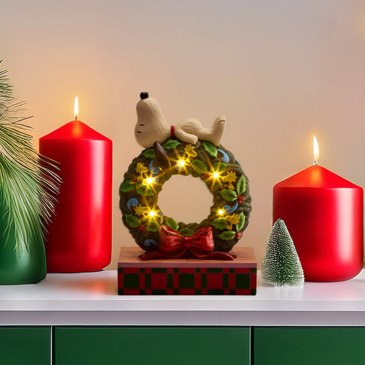 Jim Shore Peanuts: Snoopy Sleeping on LED Wreath Figurine sparkle-castle