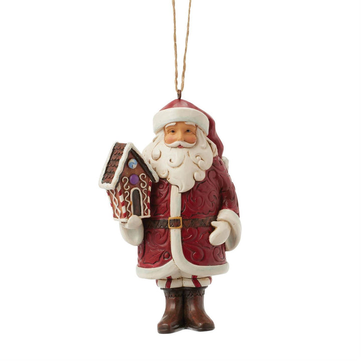 Jim Shore Heartwood Creek: Gingerbread Christmas Santa With House Hanging Ornament sparkle-castle