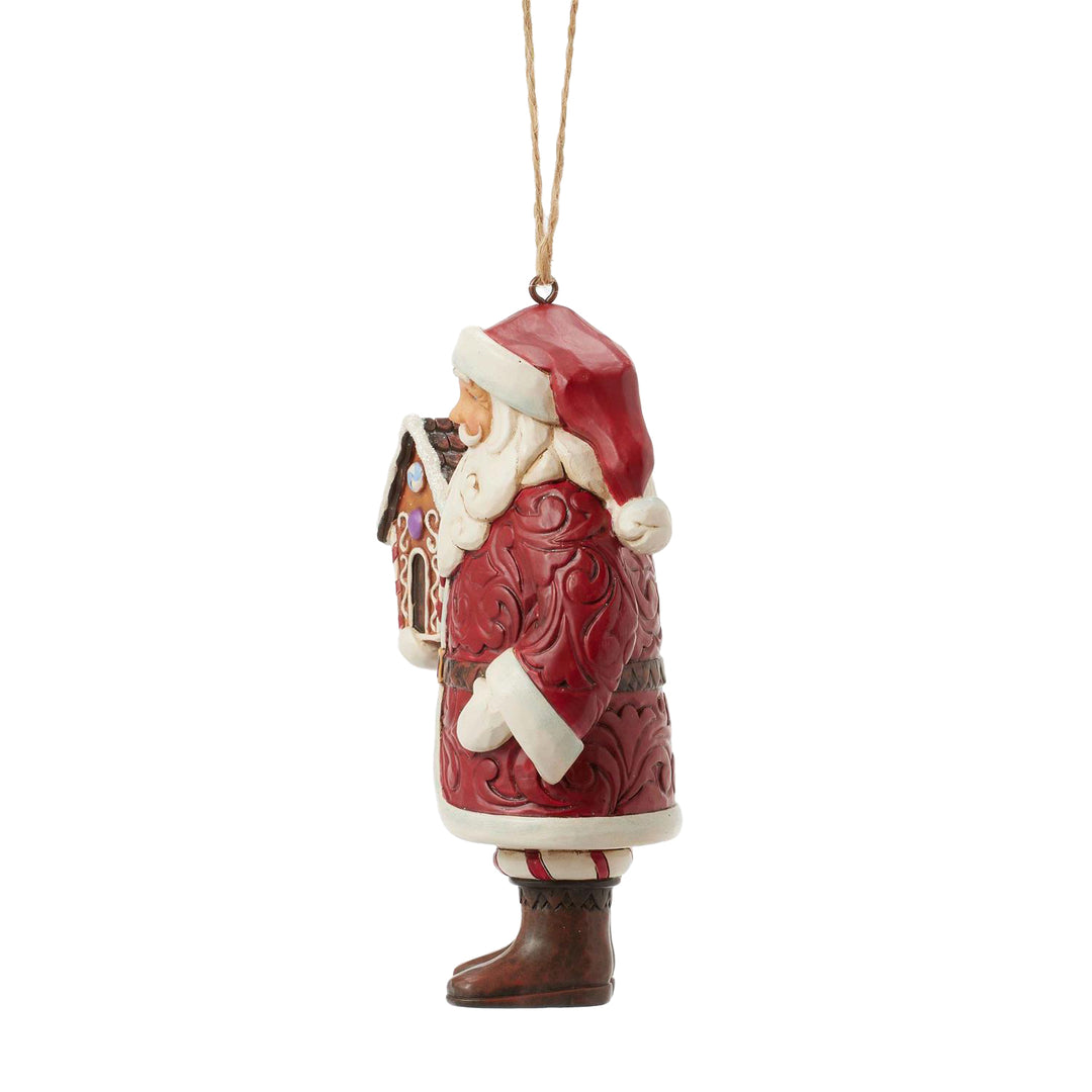 Jim Shore Heartwood Creek: Gingerbread Christmas Santa With House Hanging Ornament sparkle-castle