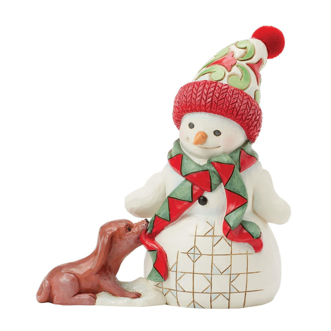 Jim Shore Heartwood Creek: Pint Sized Snowman With Dog Tugging On Scarf Figurine sparkle-castle