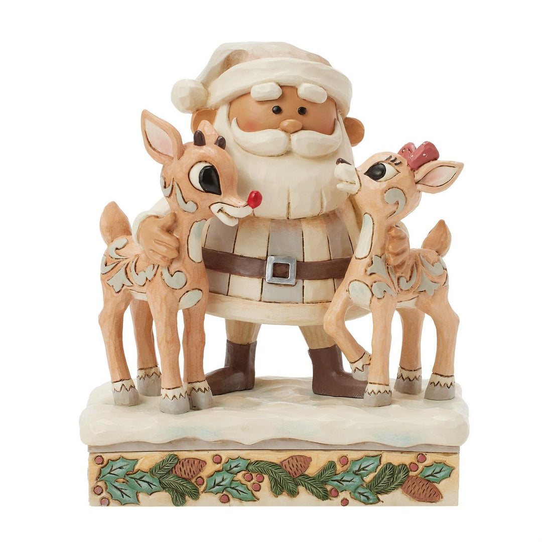 Jim Shore Rudolph Traditions: White Woodland Santa with Rudolph and Clarice Figurine sparkle-castle