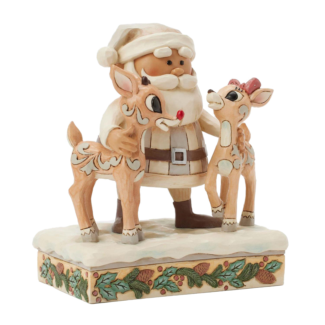 Jim Shore Rudolph Traditions: White Woodland Santa with Rudolph and Clarice Figurine sparkle-castle