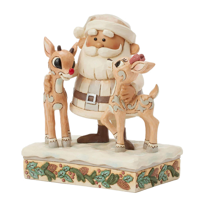 Jim Shore Rudolph Traditions: White Woodland Santa with Rudolph and Clarice Figurine sparkle-castle