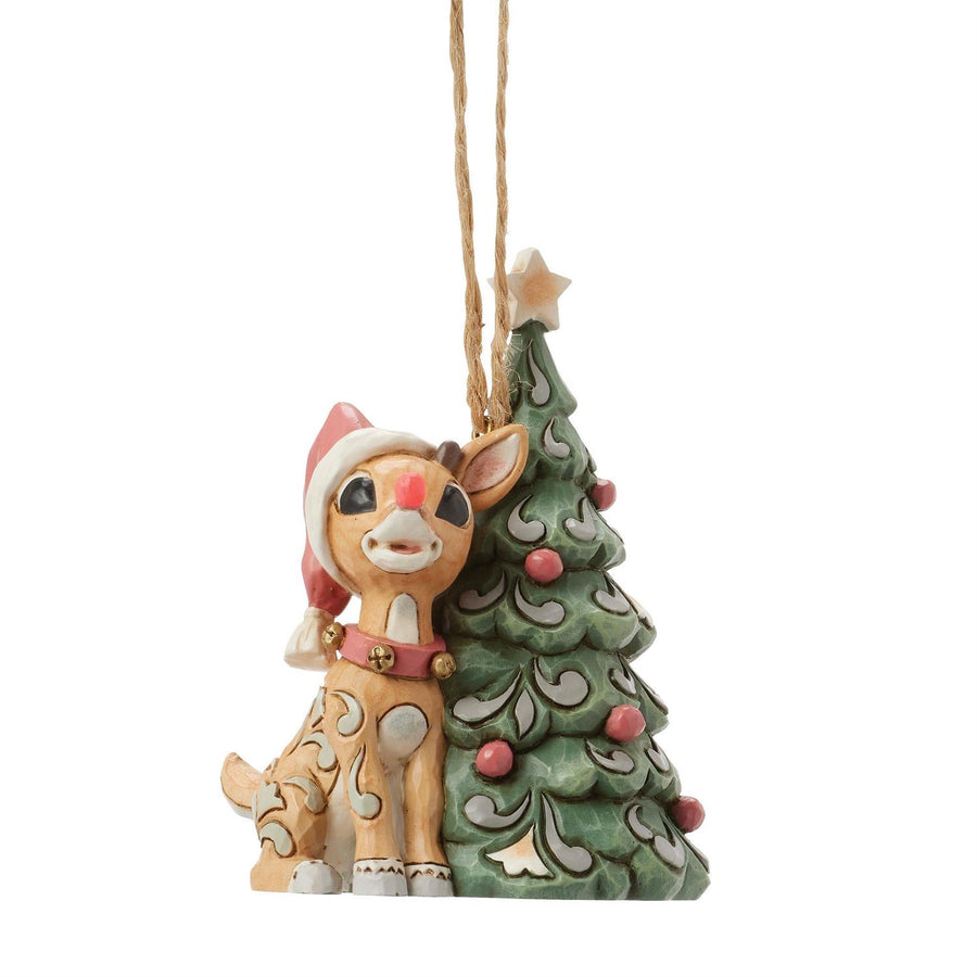 Jim Shore Rudolph Traditions: White Woodland Rudolph with Tree Hanging Ornament sparkle-castle