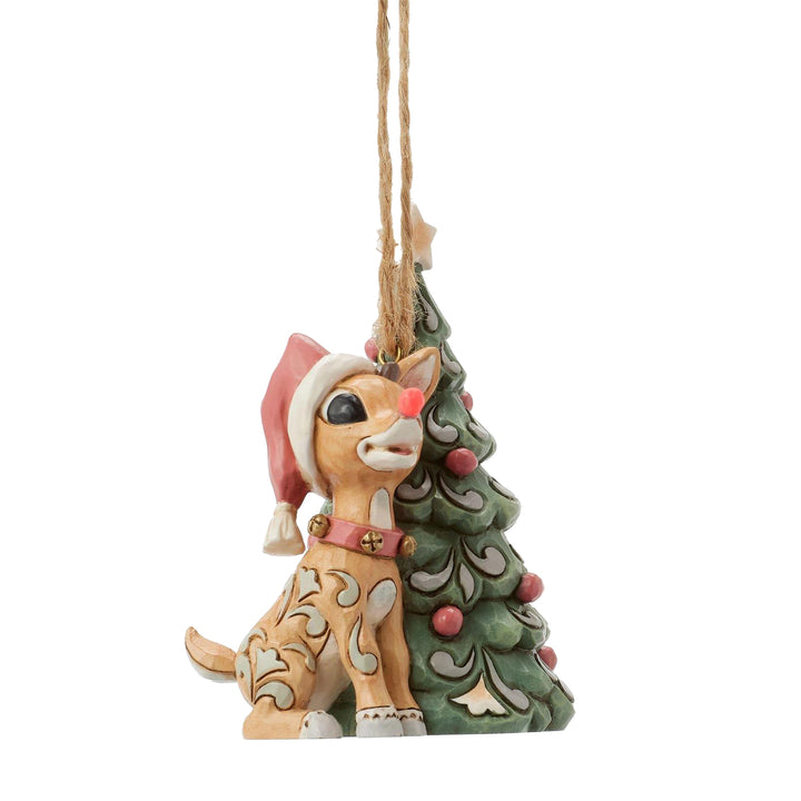 Jim Shore Rudolph Traditions: White Woodland Rudolph with Tree Hanging Ornament sparkle-castle