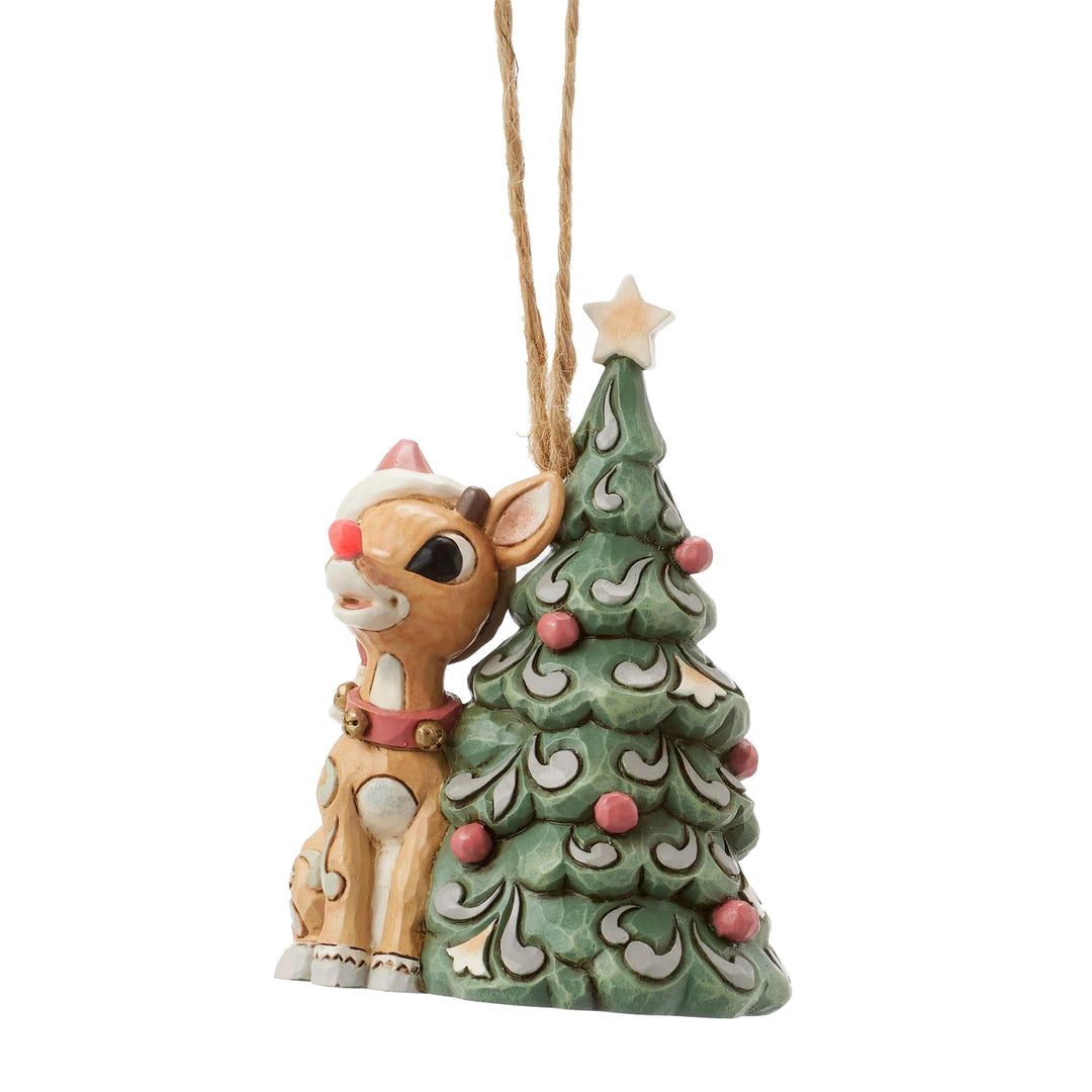 Jim Shore Rudolph Traditions: White Woodland Rudolph with Tree Hanging Ornament sparkle-castle