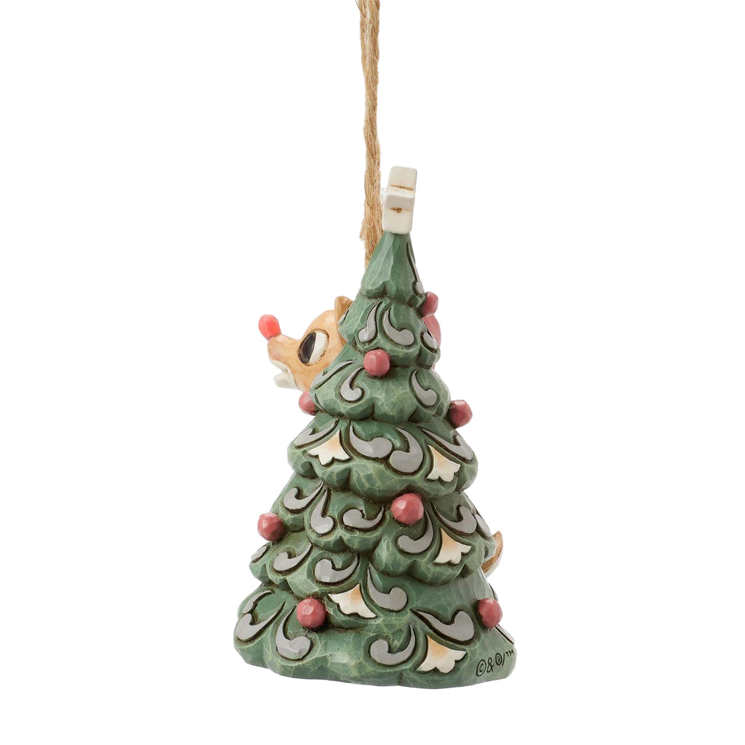 Jim Shore Rudolph Traditions: White Woodland Rudolph with Tree Hanging Ornament sparkle-castle