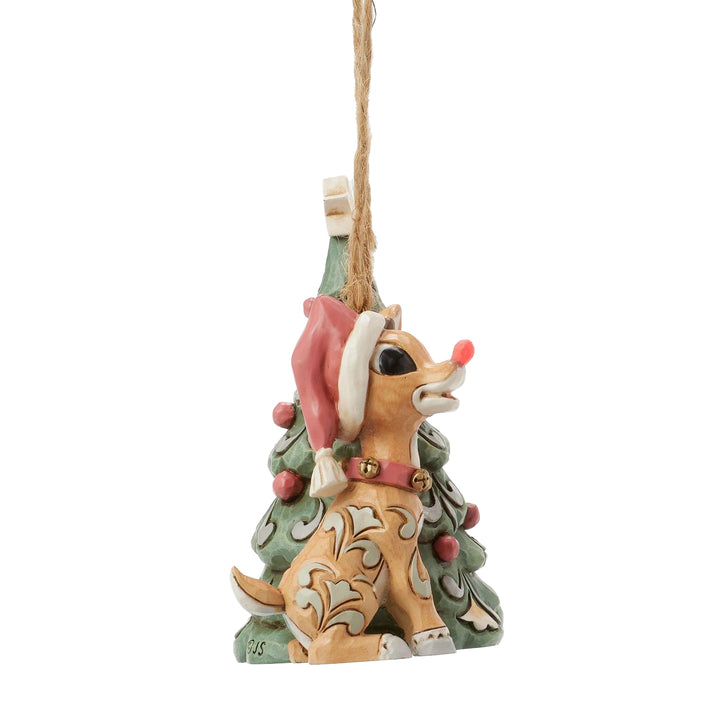 Jim Shore Rudolph Traditions: White Woodland Rudolph with Tree Hanging Ornament sparkle-castle